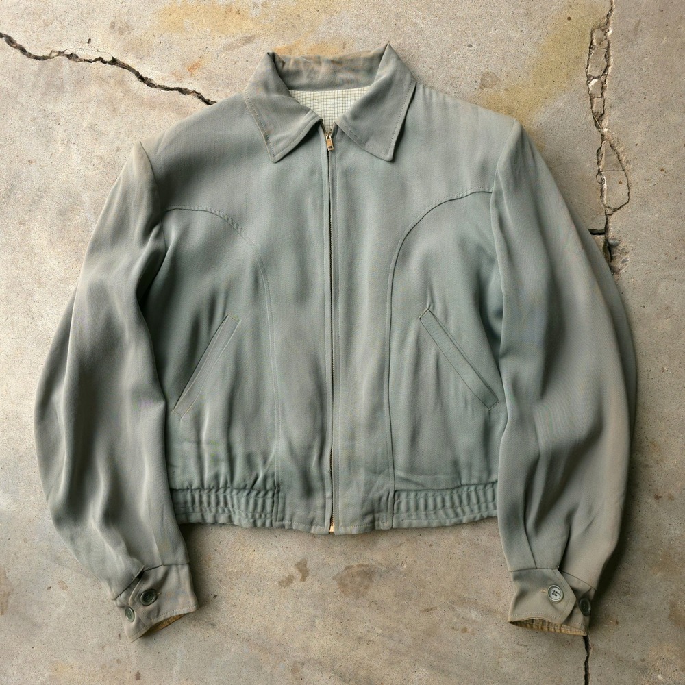 Vintage 1950s Green Gabardine Ricky Jacket Rayon USA Made Rockabilly Reversible